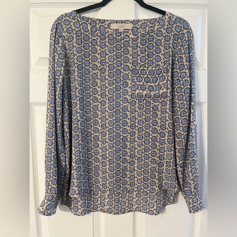 LOFT Cream Long-Sleeve Top with Blue Floral Medallion Print
